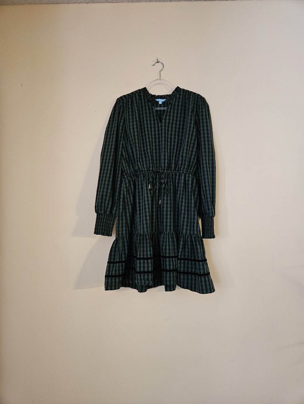 Draper James Green and Black Plaid Long Sleeve Tie-Waist Dress, Size Large